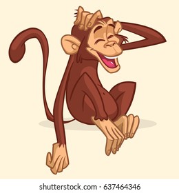 Cute cartoon drawing of a monkey sitting. Vector illustration of chimpanzee stretching his head and smiling with eyes closed. Isolated on white