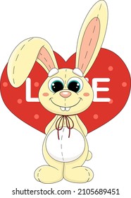 Cute cartoon drawing of a plush toy rabbit with a valentine. A rabbit with a red bow on the background of a heart. Happy Valentine's Day on February 14.