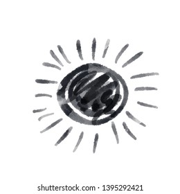 Cute cartoon drawing sun . Vector black and white symbol. Isolated hand drawn monochrome doodle icon on white background.