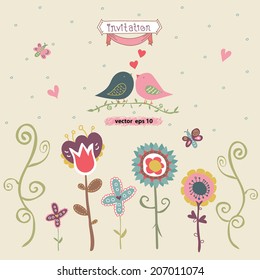 Cute cartoon drawing of vintage color flora plants. Happy bird lover & butterfly. Suitable for decoration, invitation card, greeting, romantic valentine, wedding & cover 