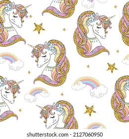 Cute cartoon dreaming unicorn head with golden mane, stars and rainbow on white background. Seamless pattern. Vector illustration. For print, wrapping paper, linen, design and decor.