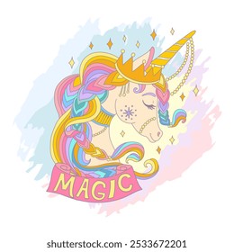 Cute cartoon dreaming unicorn portrait. Vector illustration in soft colors. Lettering Magic. Happy New Year card for children. For print, cards, invitation, sublimation, t shirt and clothes design