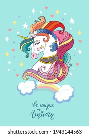 Cute cartoon dreaming unicorn with rainbow. Vector vertical llustration isolated on green. Birthday, party concept. For sticker, design, decoration, print, baby shower, t-shirt,dishes and kids apparel