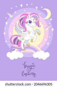 Cute cartoon dreaming unicorn standing on a rainbow. Vector vertical llustration isolated on purple. Birthday, party concept. For sticker, design, decor, print, baby shower, t-shirt and kids apparel