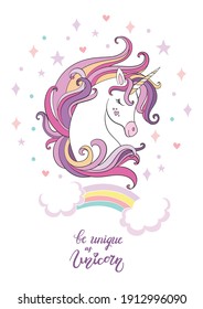 Cute cartoon dreaming unicorn. Vector illustration isolated on white background. Birthday, party concept. For sticker, embroidery, design, decoration, print, t-shirt and dishes