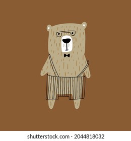 Cute cartoon dressed bear. Childish print for nursery, kids apparel,poster, postcard. Vector Illustration