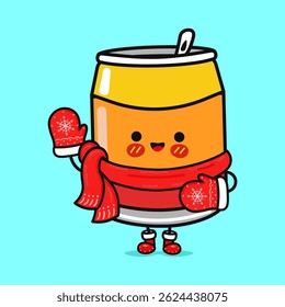 A cute cartoon Drink Can is ready for winter wearing a scarf and mittens, waving hello.