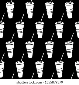 Cute cartoon drink pattern with hand drawn cola. Sweet vector black and white drink pattern. Seamless monochrome doodle drink pattern for fabric, wallpapers, wrapping and web.