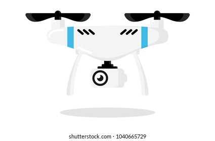Cute cartoon drone with camera for photographing and recording video isolated on white background. Aerial quadcopter concept with shadow. Simple design icon or logo. Flat style vector illustration.