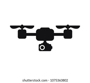 Cute cartoon drone with camera for photographing and recording video isolated on white background. Aerial quadcopter concept with shadow. Simple design icon or logo. Flat style vector illustration.