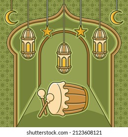 cute cartoon drum, islamic card .vector illustration for background or banner
