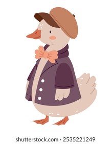 Cute cartoon duck with bow and cap in vintage style in pastel brown beige colors.