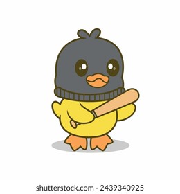 Cute cartoon duck carrying a baseball bat and wearing a thief mask