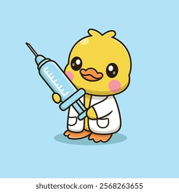 Cute Cartoon Duck Doctor Holding an Injection Vector Icon Illustration. Animal Healthcare Icon Concept Isolated Premium Vector. Animals Cartoon Style