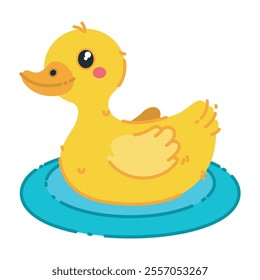 Cute cartoon duck floating in the water, hand-drawn in flat art style. Vector illustration, isolated for easy use in kid's designs, playful projects, and water-themed creations.