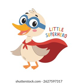 Pato de desenho animado bonito, ganso com capa de super-herói. Super-herói. Ilustração vetorial