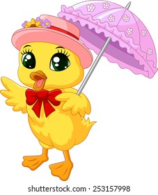 Cute cartoon duck with pink umbrella