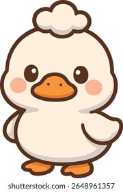 Um bonito pato de desenho animado com um corpo redondo, bico de laranja e crista macia. Design de personagem adorável perfeito para conteúdo infantil, ilustrações de animais ou gráficos em estilo kawaii.