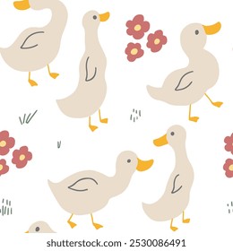Desenho Animado Bonito Pato Padrão Sem Costura, Vetor Ilustração Fundo.