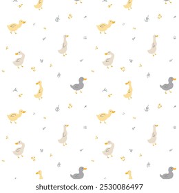 Cute Cartoon Duck Seamless Pattern, Vector Illustration Background.