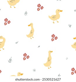 Cute Cartoon Duck Seamless Pattern, Vector Illustration Background.