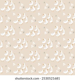Cute Cartoon Duck Seamless Pattern, Vector Illustration Background.