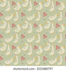 Cute Cartoon Duck Seamless Pattern, Vector Illustration Background.