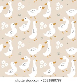 Cute Cartoon Duck Seamless Pattern, Vector Illustration Background.