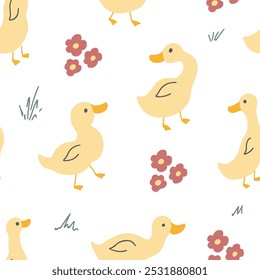 Cute Cartoon Duck Seamless Pattern, Vector Illustration Background.