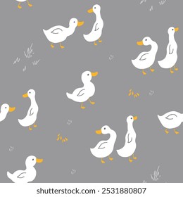 Cute Cartoon Duck Seamless Pattern, Vector Illustration Background.