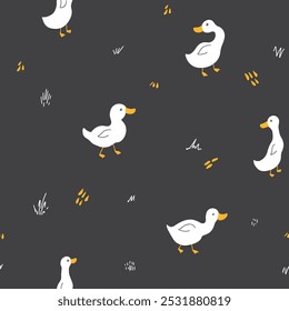 Cute Cartoon Duck Seamless Pattern, Vector Illustration Background.