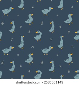 Cute Cartoon Duck Seamless Pattern, Vector Illustration Background.