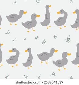 Cute Cartoon Duck Seamless Pattern, Vector Illustration Background.