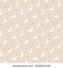 Cute Cartoon Duck Seamless Pattern, Vector Illustration Background.