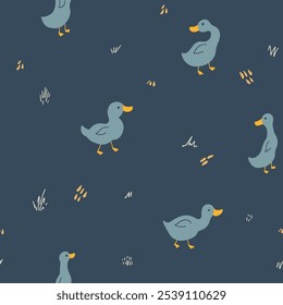 Cute Cartoon Duck Seamless Pattern, Vector Illustration Background.