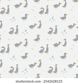 Desenho Animado Bonito Pato Padrão Sem Costura, Vetor Ilustração Fundo.