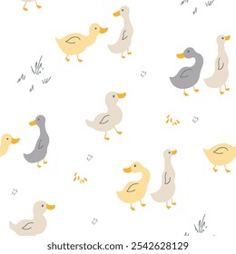 Cute Cartoon Duck Seamless Pattern, Vector Illustration Background.