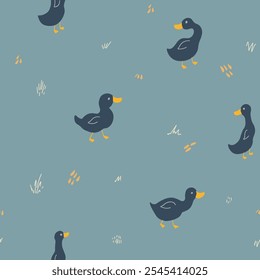 Cute Cartoon Duck Seamless Pattern, Vector Illustration Background.