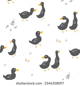 Cute Cartoon Duck Seamless Pattern, Vector Illustration Background.
