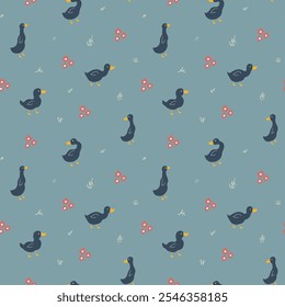 Cute Cartoon Duck Seamless Pattern, Vector Illustration Background.