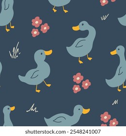 Cute Cartoon Duck Seamless Pattern, Vector Illustration Background.