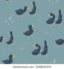 Cute Cartoon Duck Seamless Pattern, Vector Illustration Background.