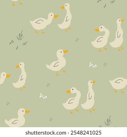 Desenho Animado Bonito Pato Padrão Sem Costura, Vetor Ilustração Fundo.