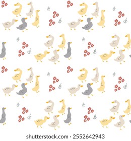 Cute Cartoon Duck Seamless Pattern, Vector Illustration Background.