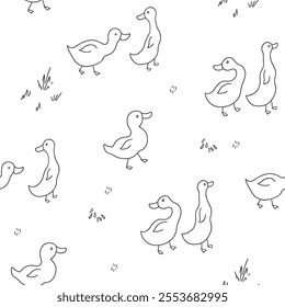 Cute Cartoon Duck Seamless Pattern, Vector Illustration Background.