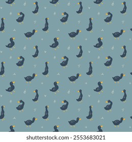 Cute Cartoon Duck Seamless Pattern, Vector Illustration Background.
