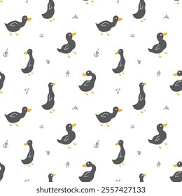 Cute Cartoon Duck Seamless Pattern, Vector Illustration Background.