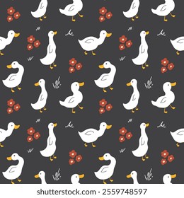 Cute Cartoon Duck Seamless Pattern, Vector Illustration Background.