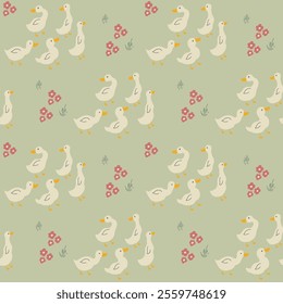 Cute Cartoon Duck Seamless Pattern, Vector Illustration Background.
