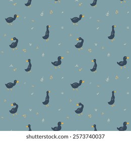 Cute Cartoon Duck Seamless Pattern, Vector Illustration Background.
